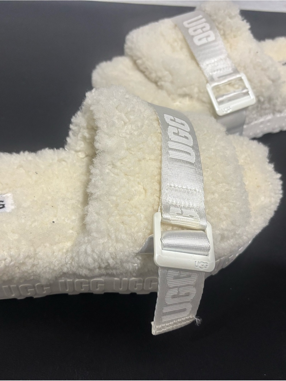 UGG Cream Shearling Slide Sandals with Branded Strap
